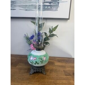 Antique Victorian Hand Painted Milk Glass Oil Lamp Green Floral Font Ornate Base